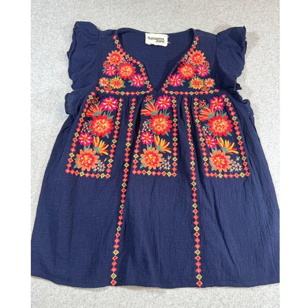 Savanna Jane Boho Embroidered Tunic Top Womens M Navy Floral Festival Peasant